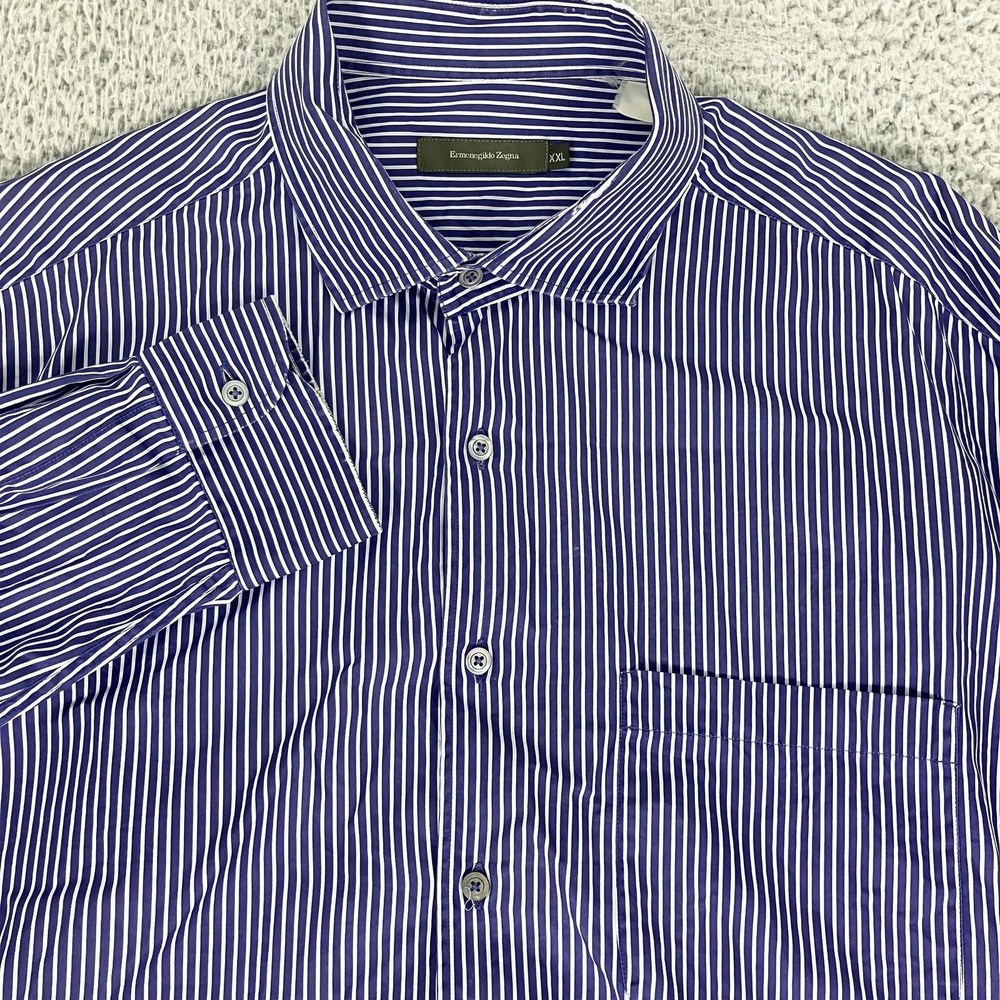 Ermenegildo Zegna Shirt Mens 2XL Blue Stripe Classic Fit Dress‎ Long Sleeve